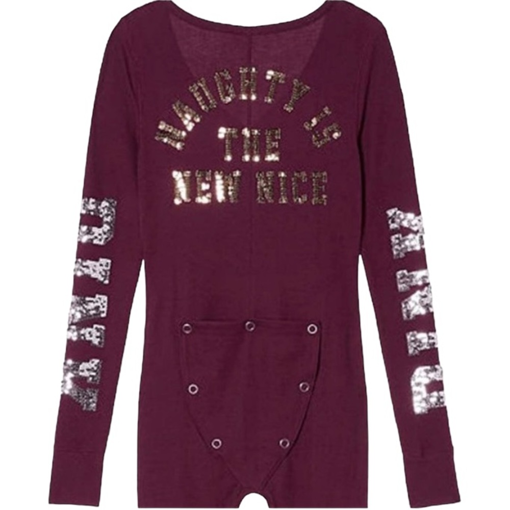 Victoria’s Secret PINK Naughty New Nice Burgundy Sequin Thermal Onesie L - Picture 4 of 13